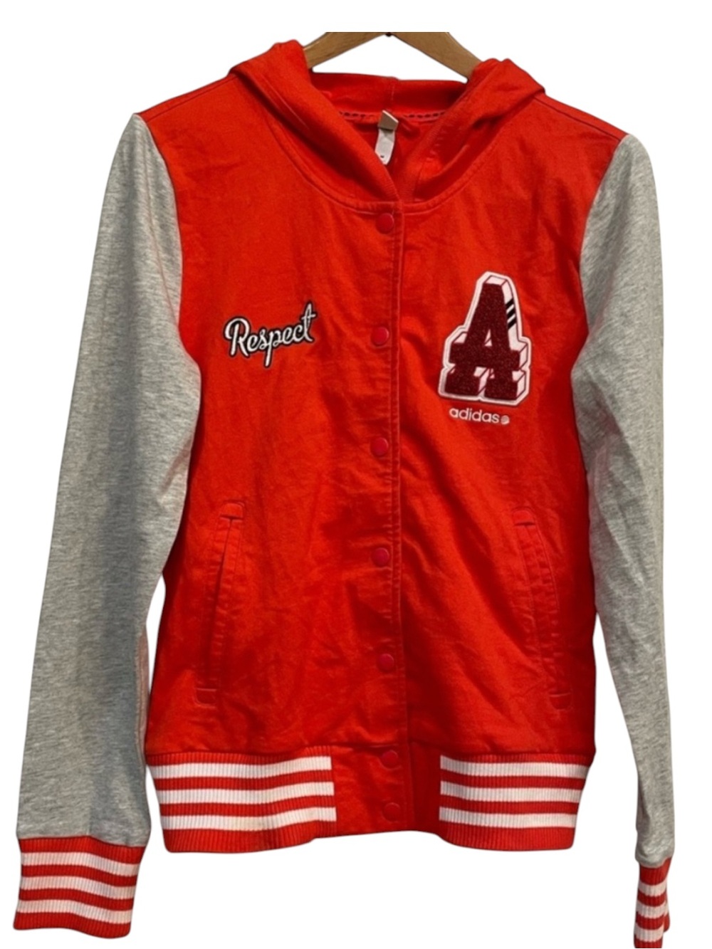 Adidas NEO Red Hooded Varsity Letterman Jacket Chenille Patch Respect M